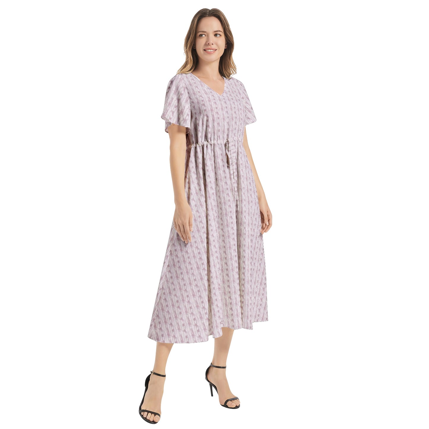 Flutter Sleeve Drawstring Waist Flared Dress