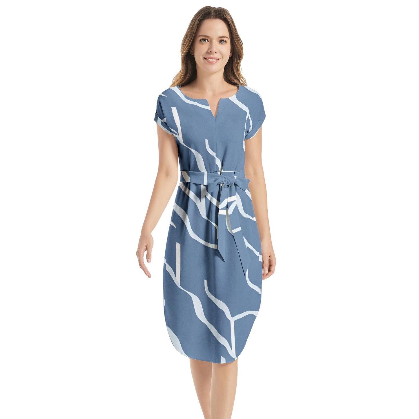 Notched Neck Belted Dress