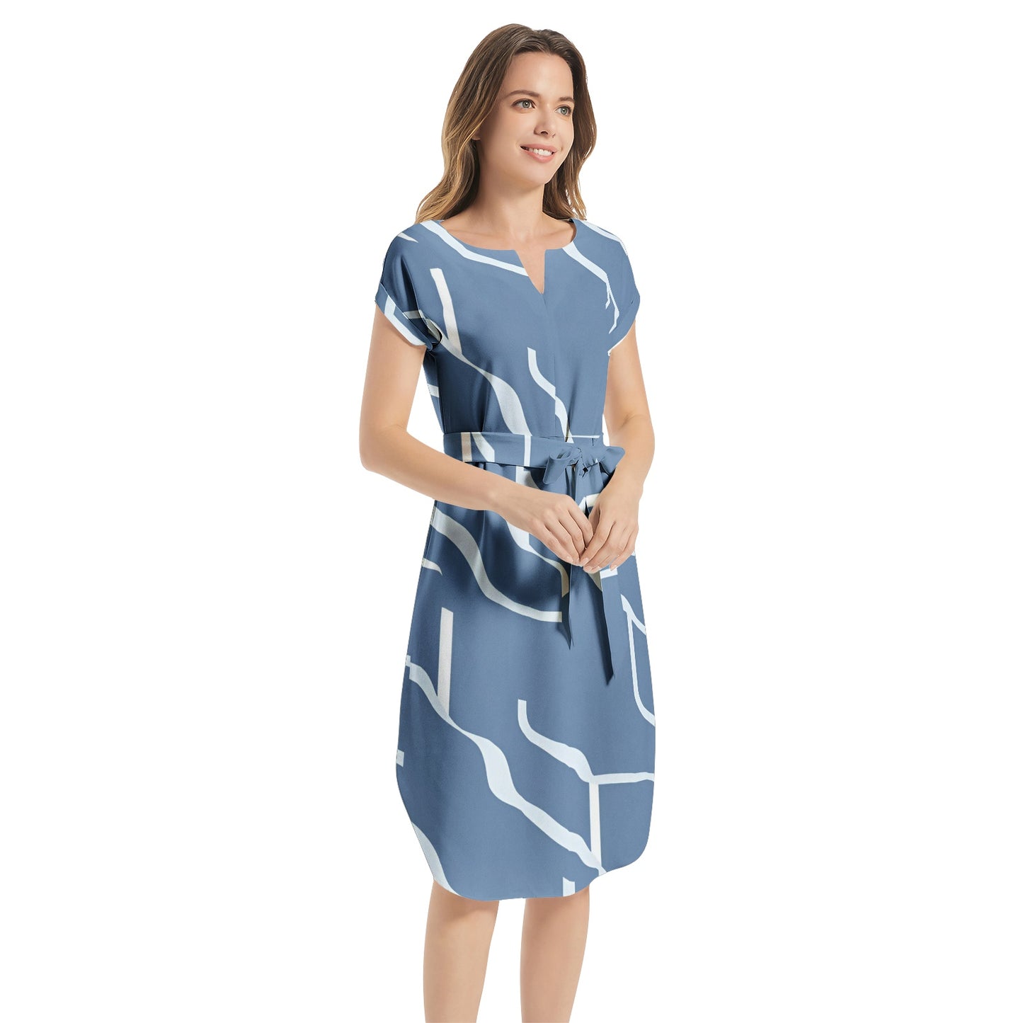 Notched Neck Belted Dress