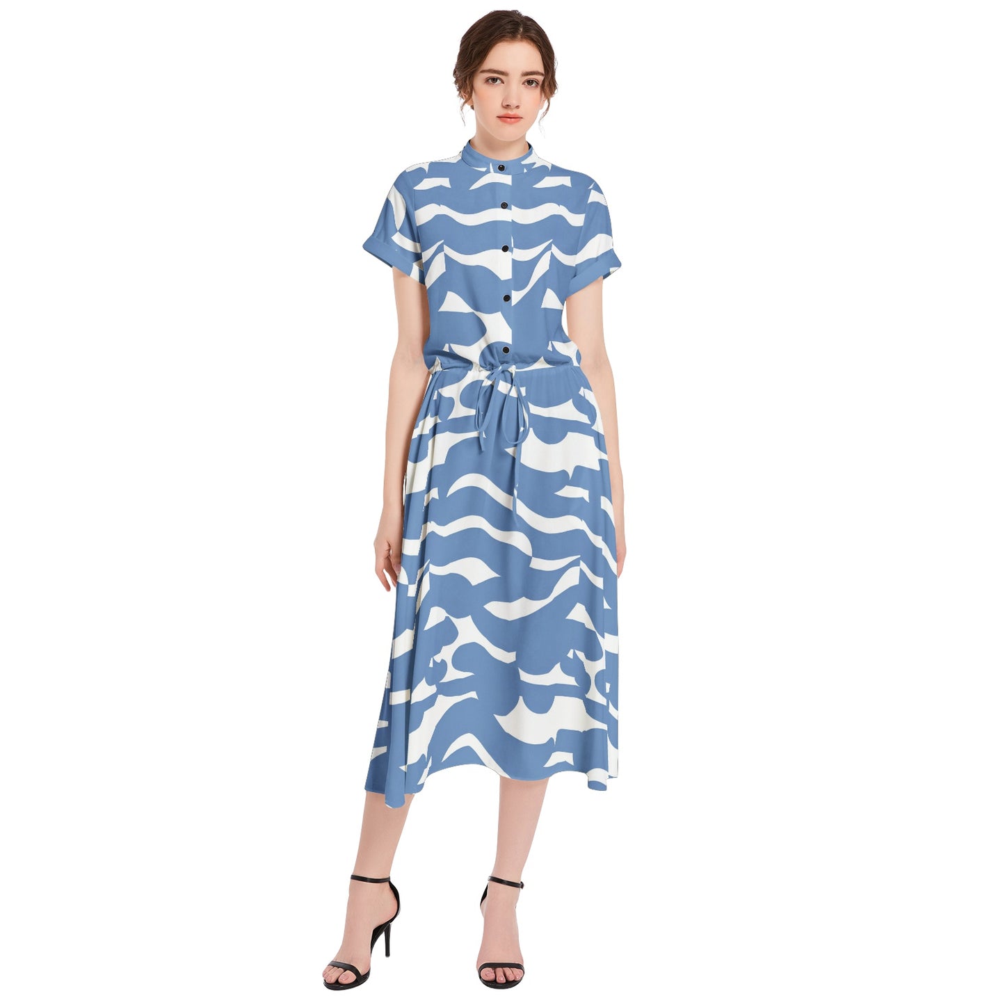 Drawstring Waist A-line Flared Midi Dress