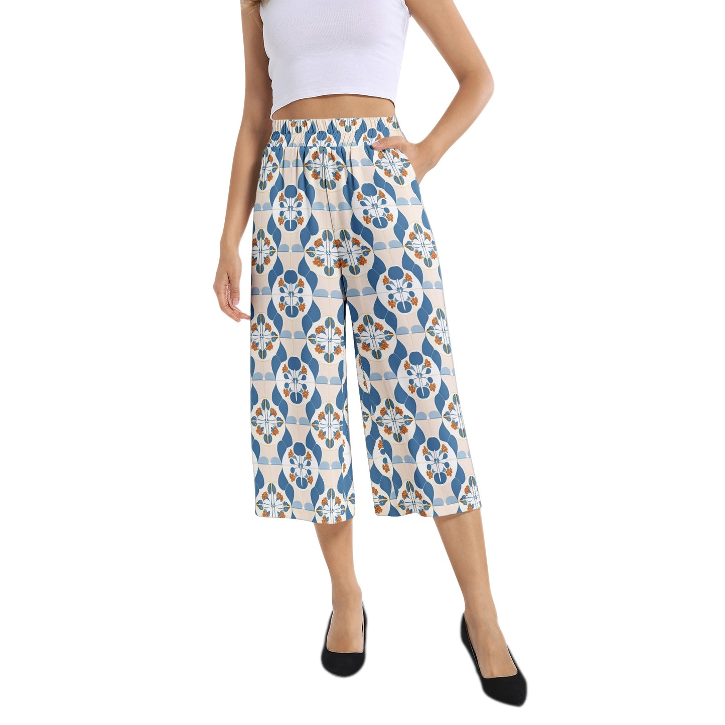 Elastic Waist Capris Wide Leg Pant