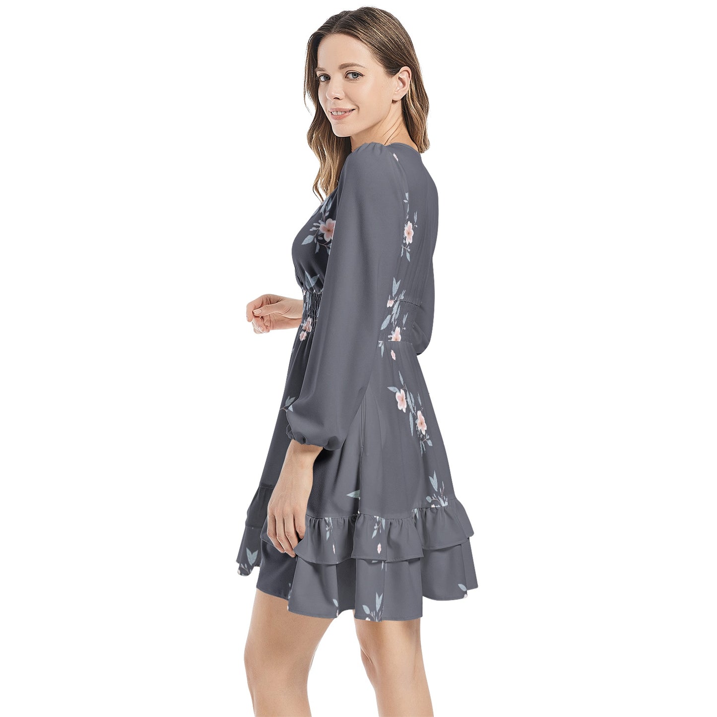 Long Sleeve Tiered Ruffle Hem Elastic Waist Mini Dress