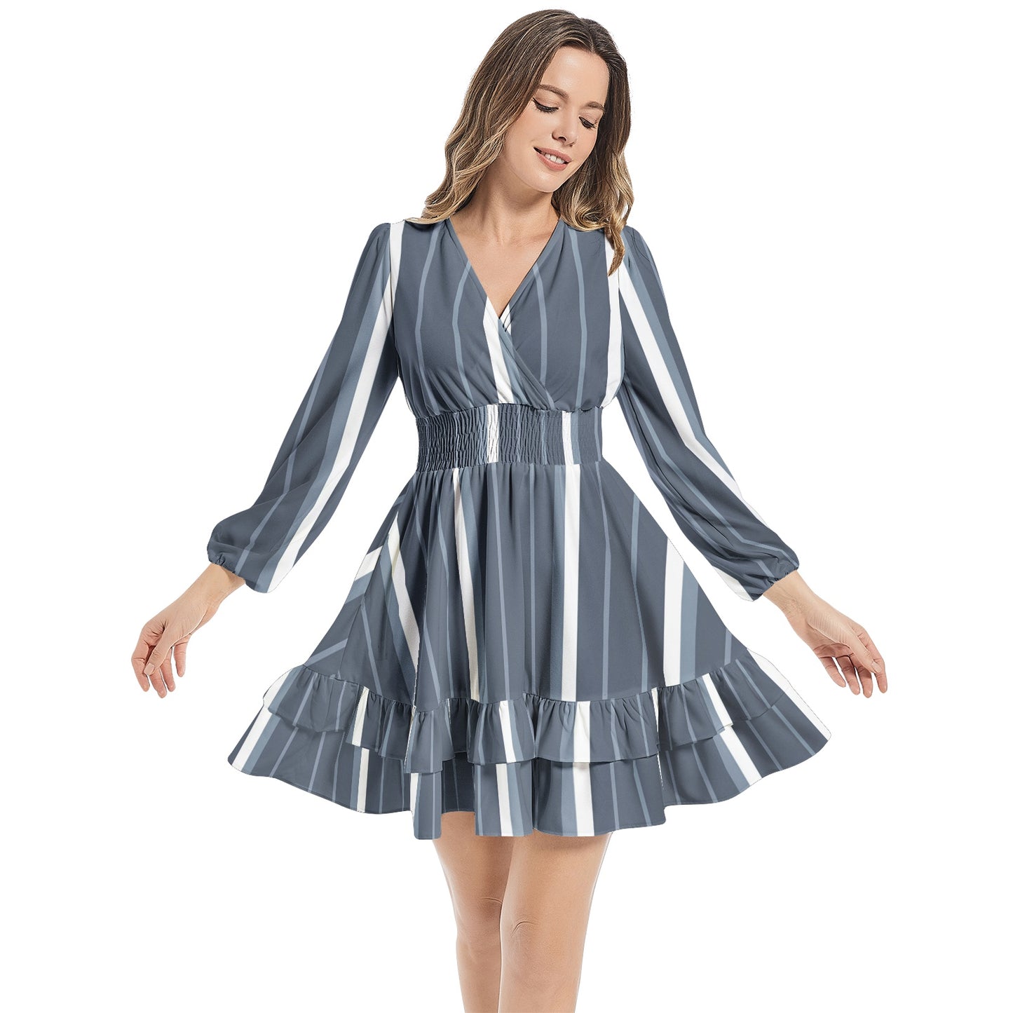 Long Sleeve Tiered Ruffle Hem Elastic Waist Mini Dress