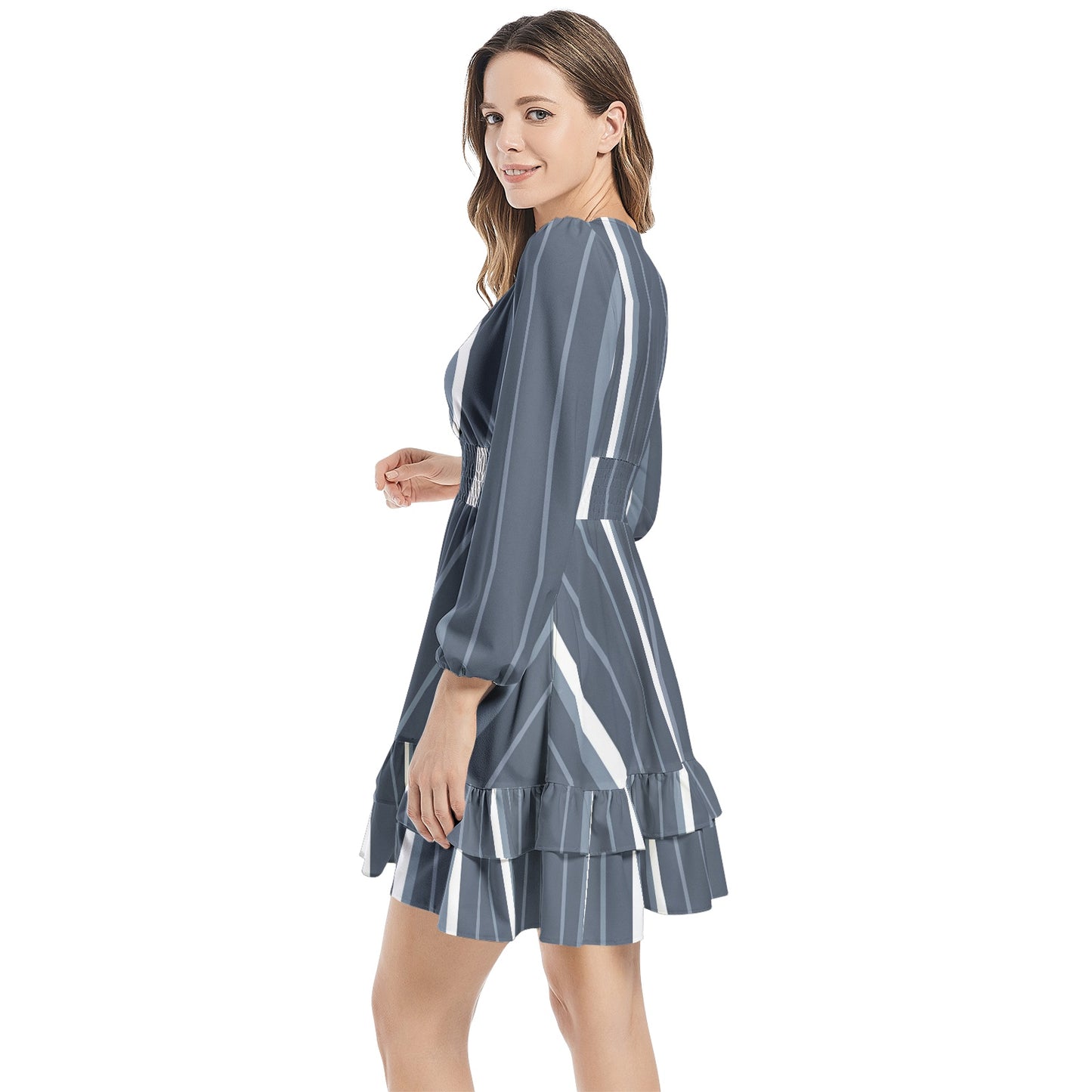 Long Sleeve Tiered Ruffle Hem Elastic Waist Mini Dress