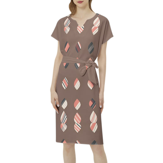 Betwing Seleeve Notch Neck Casual Dress with Belt