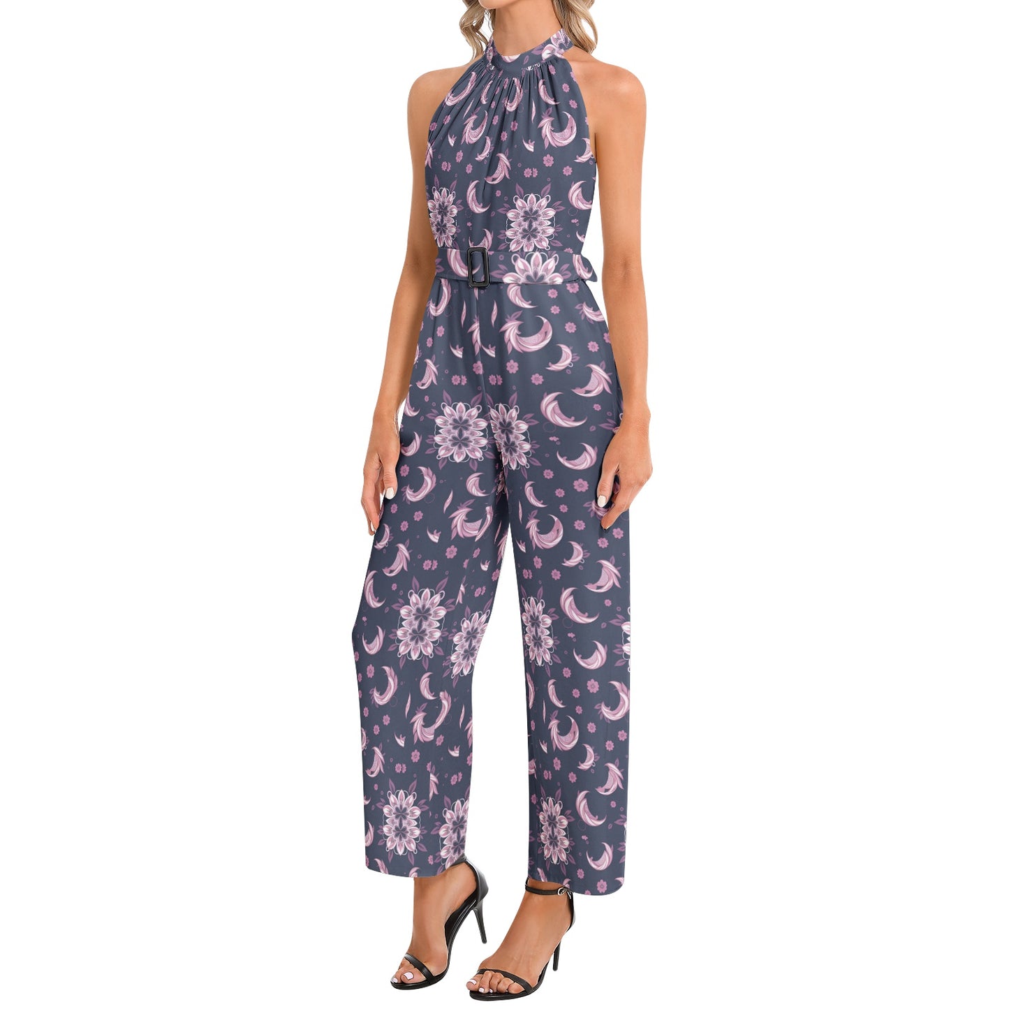 Halter Neck Buckle Belted Jumpsuit