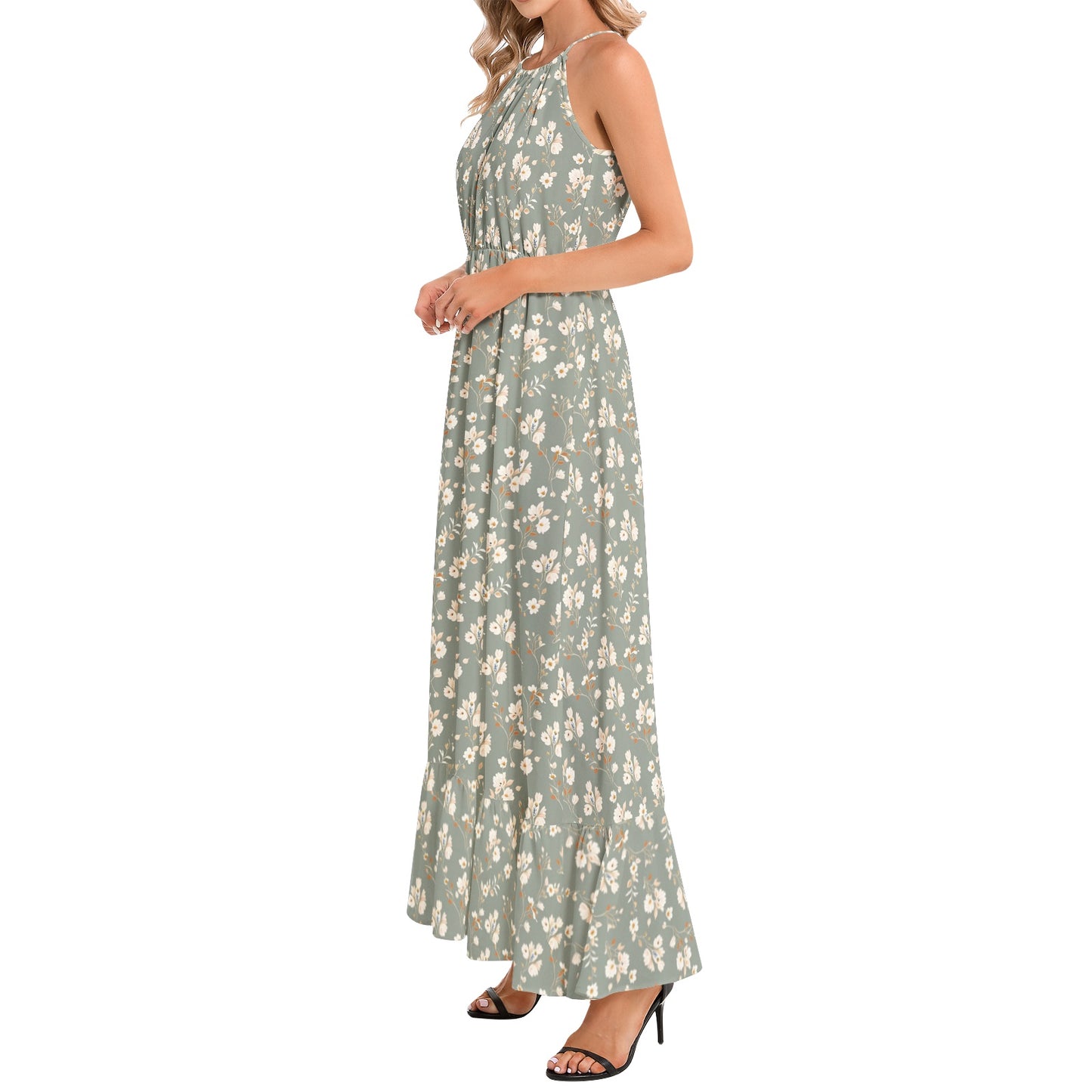 Ruffle Hem Halter Neck Maxi Dress