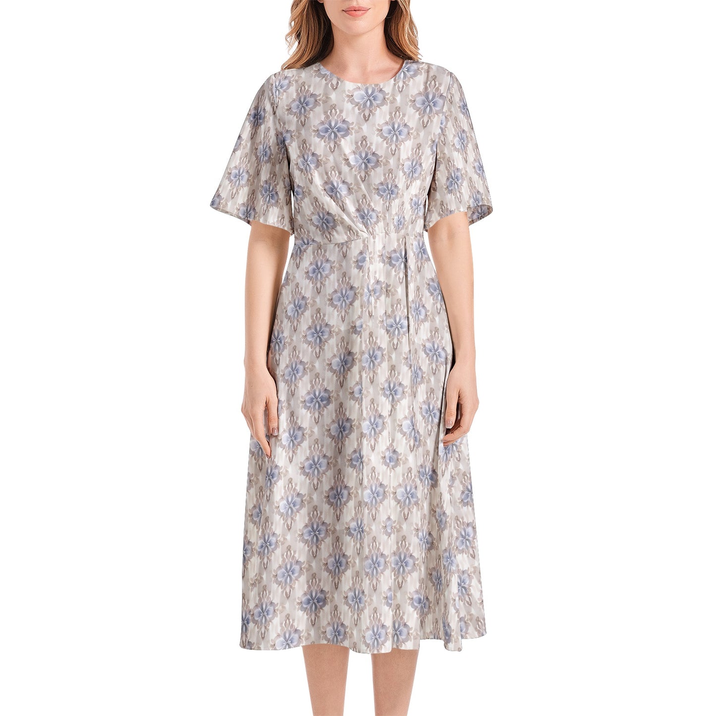 Short Sleeve Waist Folding Midi Dress