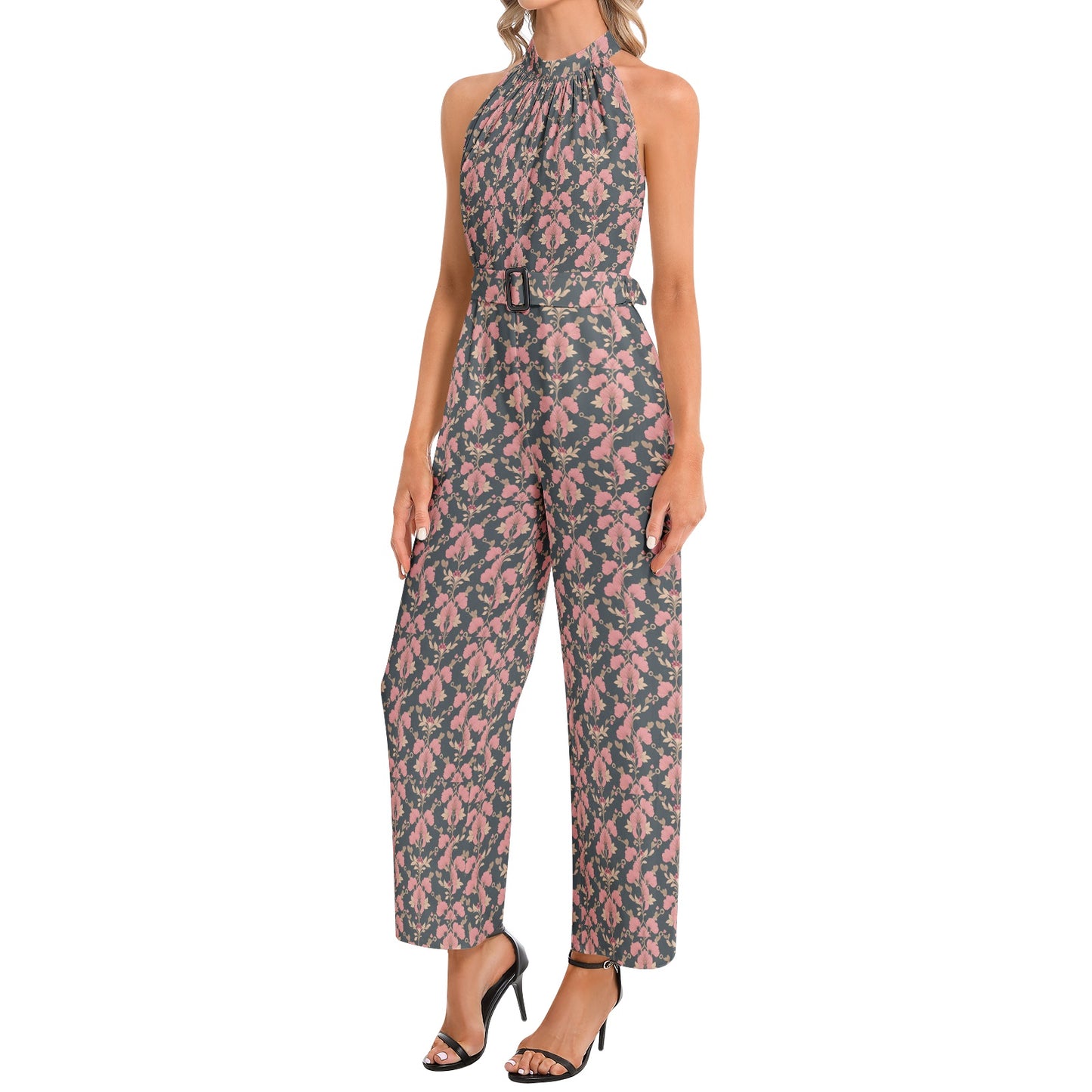 Halter Neck Buckle Belted Jumpsuit