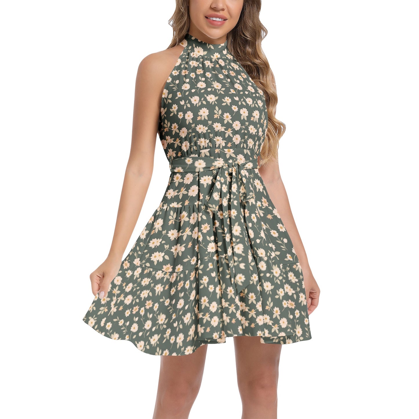 Ruffle Hem Belted Halter Dress