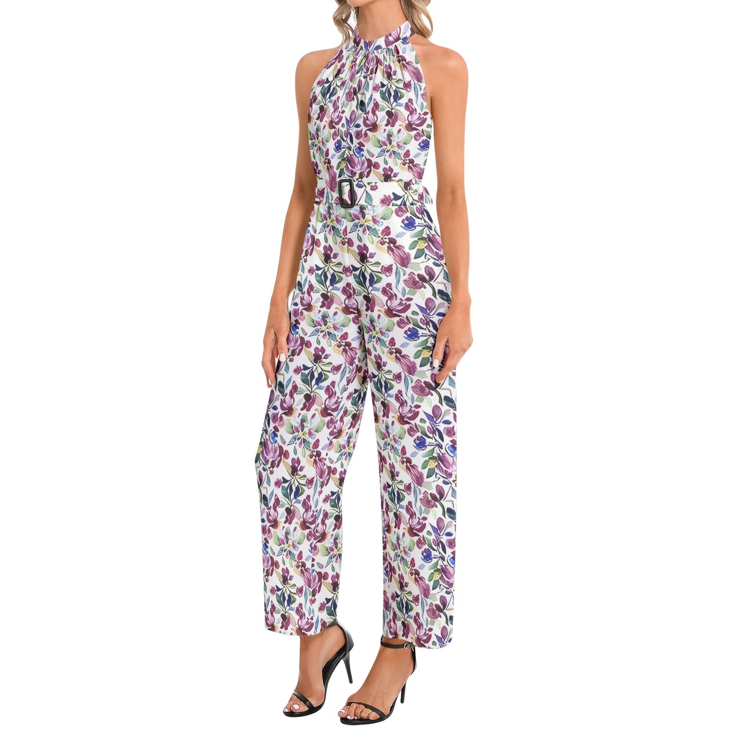 Halter Neck Buckle Belted Jumpsuit