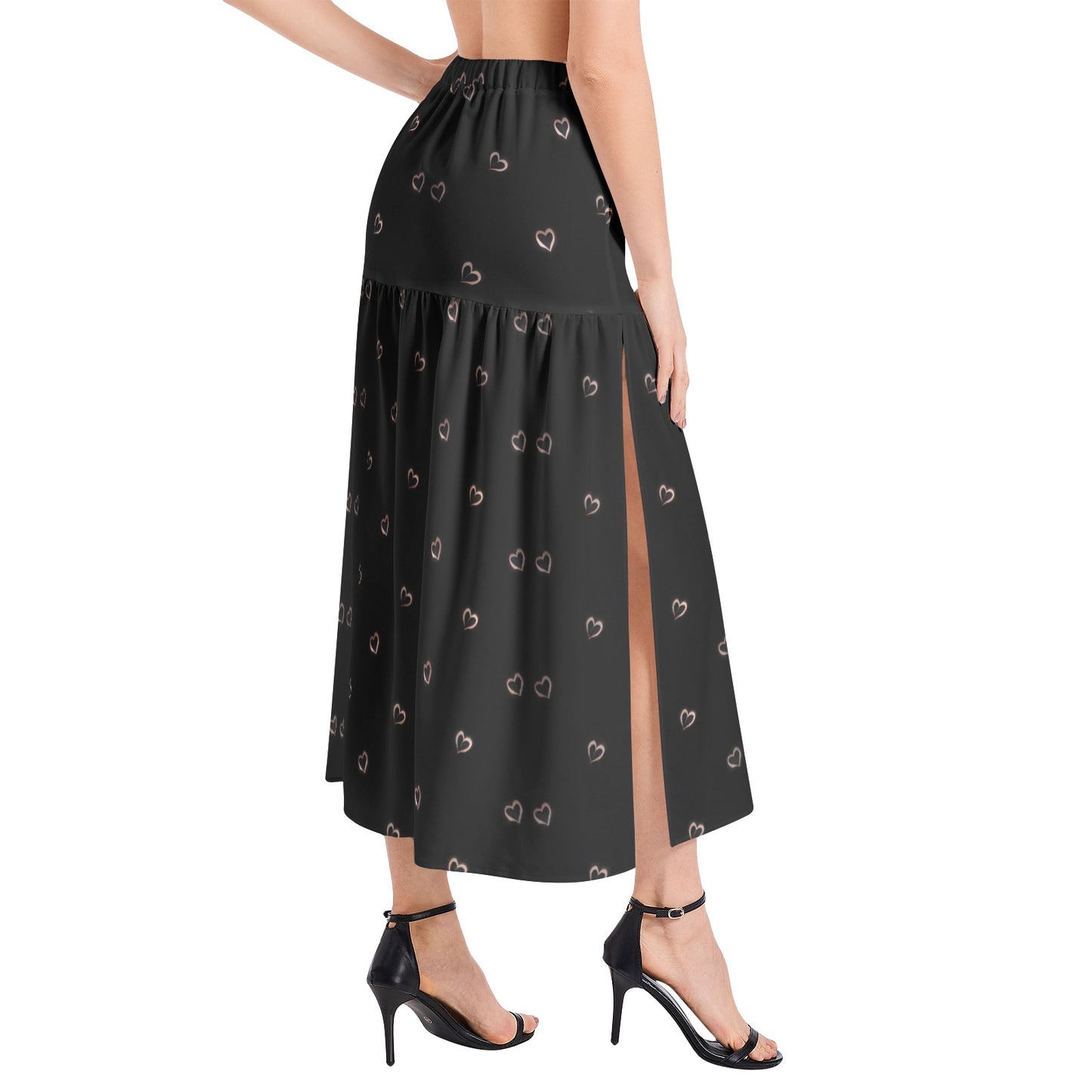 Elastic Waist Ruffle Slit Hem Skirt