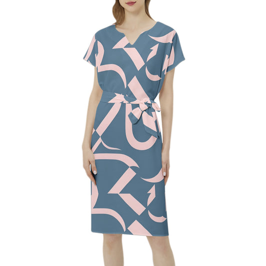 Betwing Seleeve Notch Neck Casual Dress with Belt