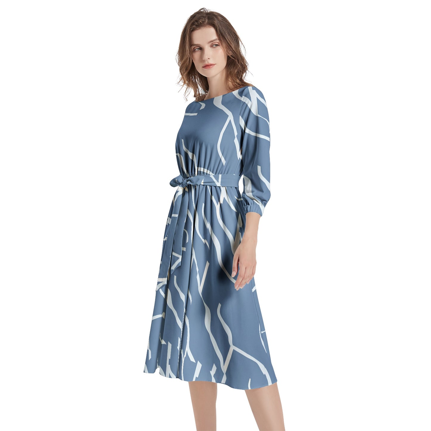 Boat Neck Belted Flared Dress