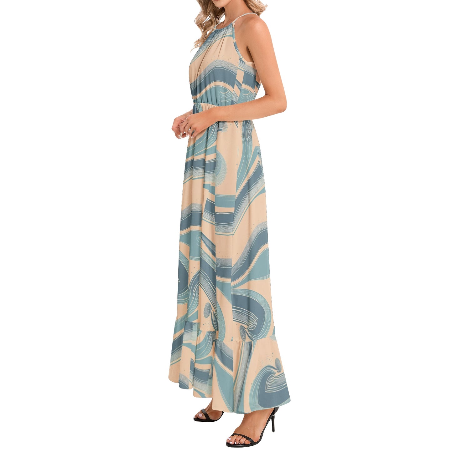 Ruffle Hem Halter Neck Maxi Dress