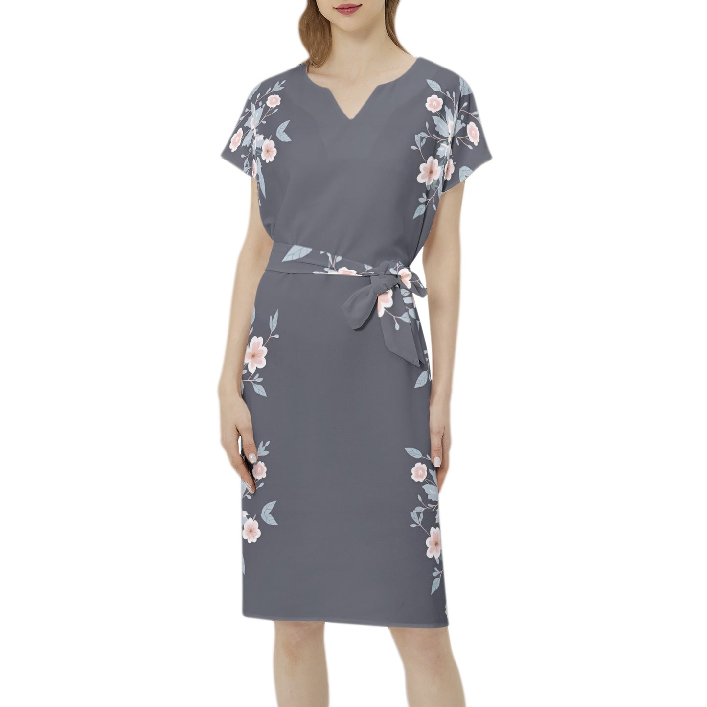 Betwing Seleeve Notch Neck Casual Dress with Belt