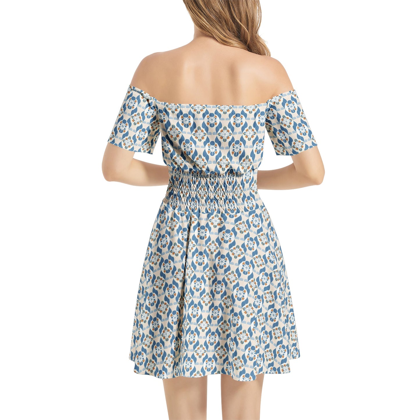 Off Shoulder Shirred Waist Flared Mini Dress