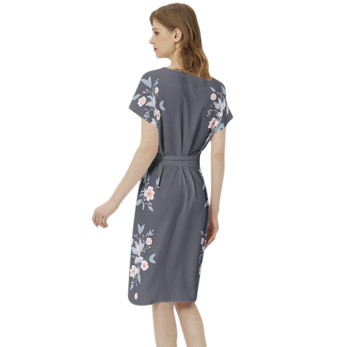 Betwing Seleeve Notch Neck Casual Dress with Belt