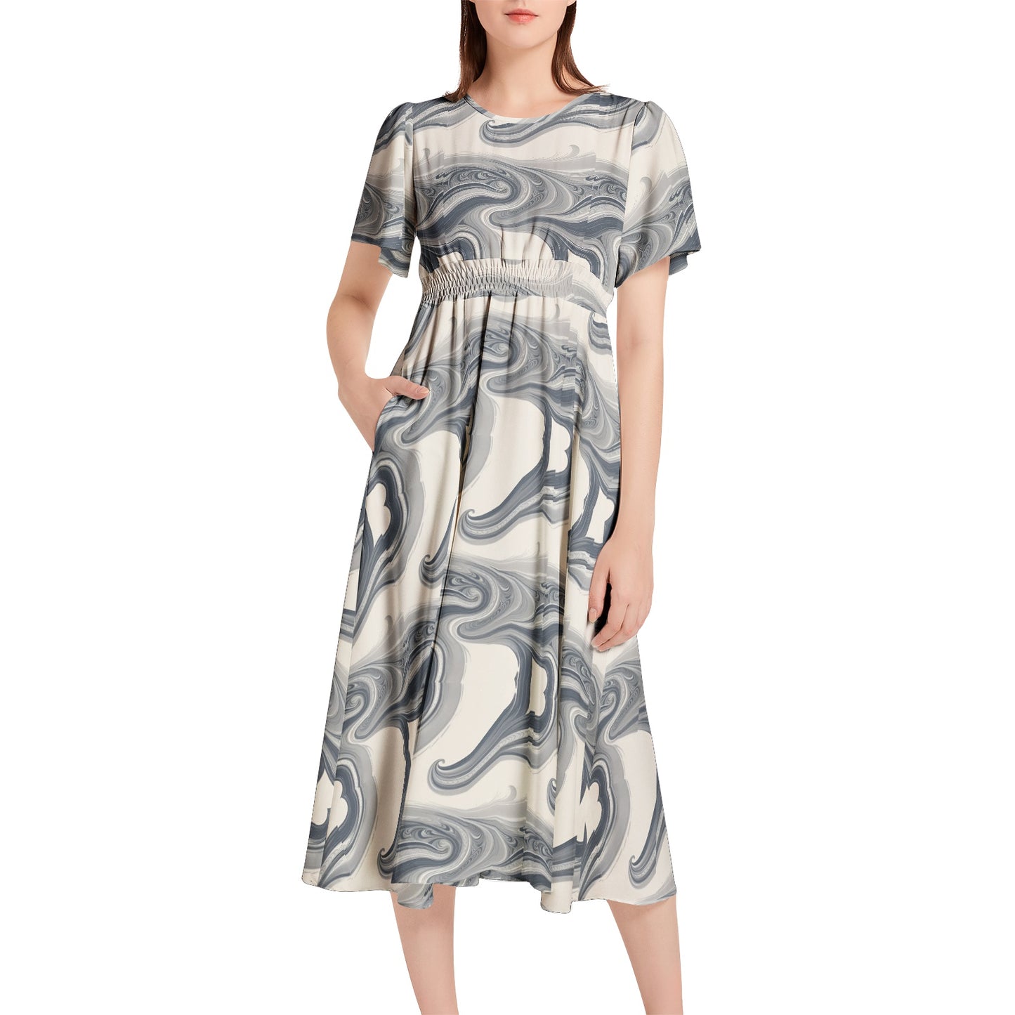 Short Sleeve Shirred Waist Midi Dress