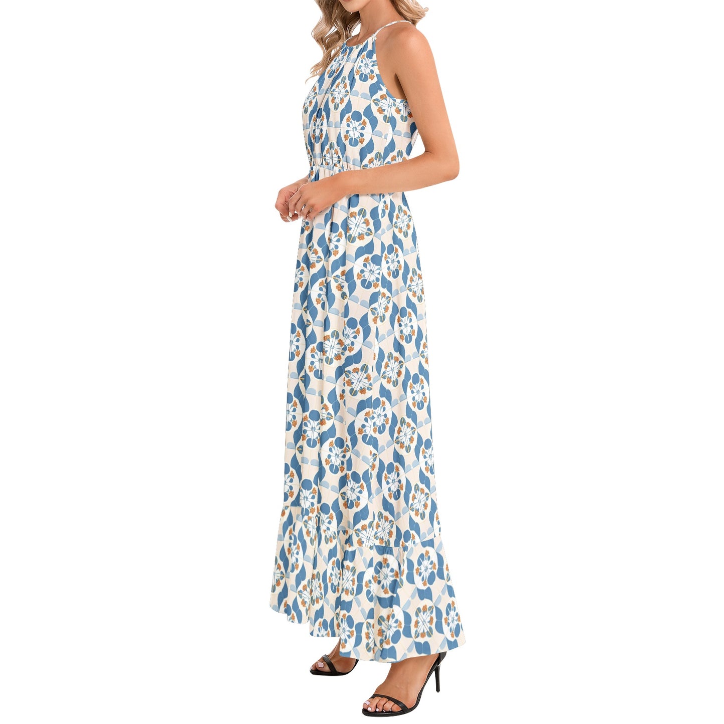 Ruffle Hem Halter Neck Maxi Dress