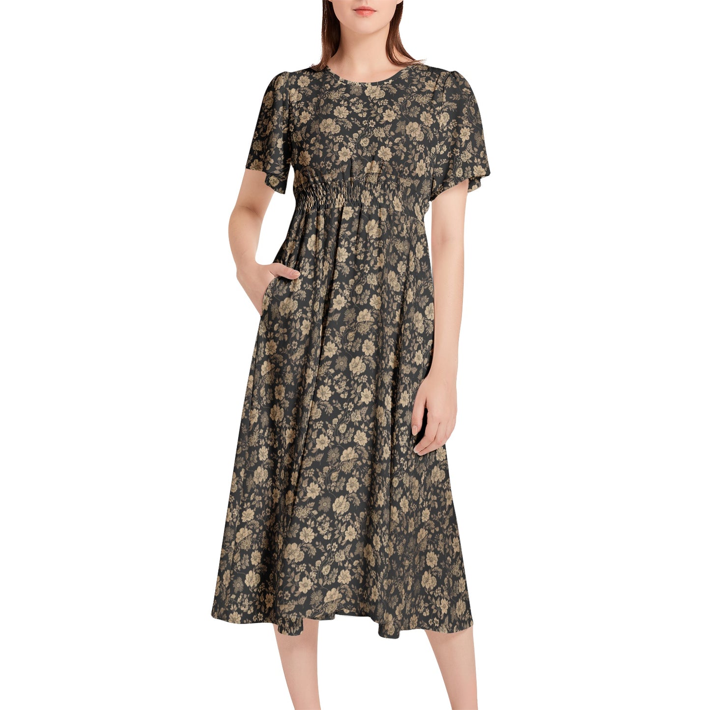 Short Sleeve Shirred Waist Midi Dress