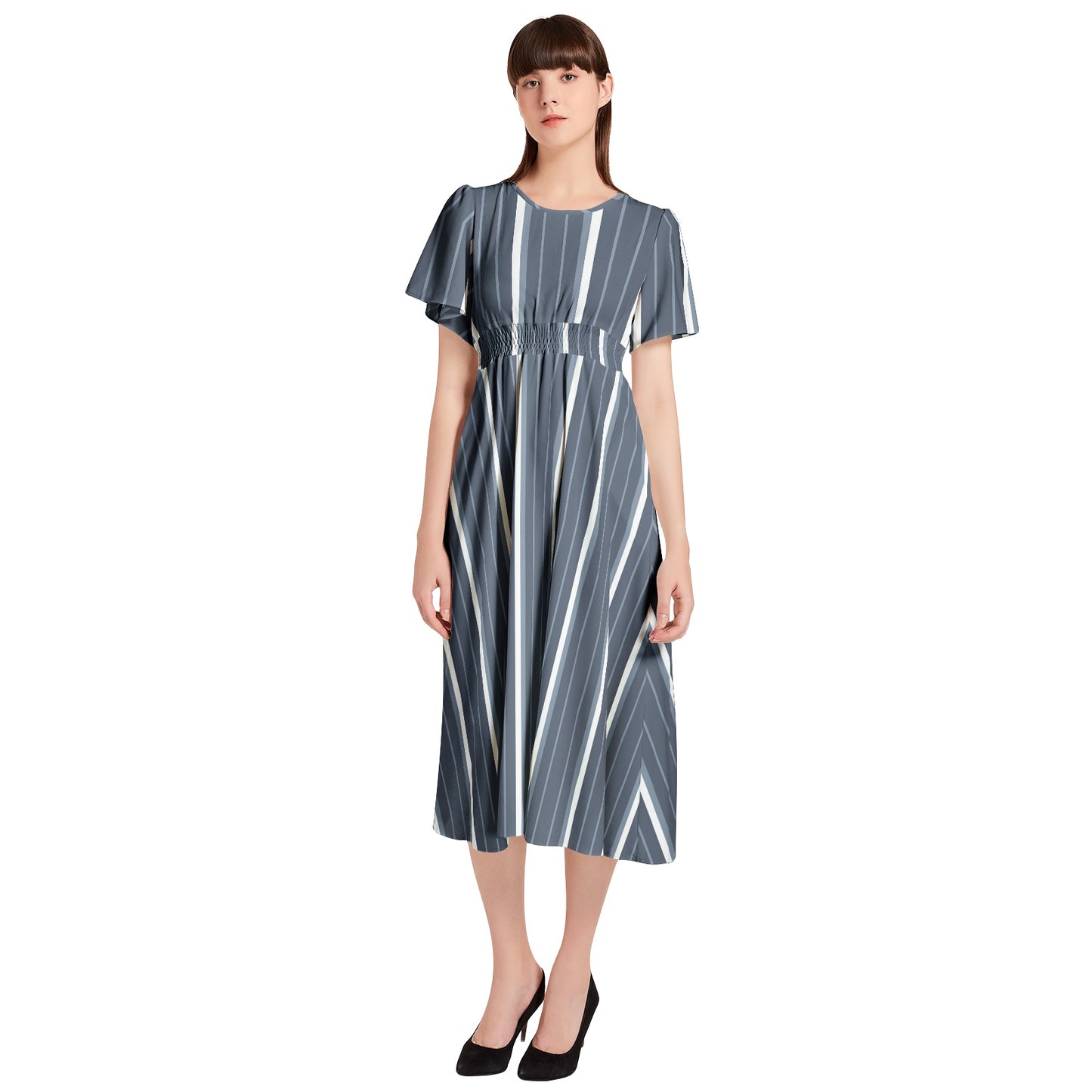 Short Sleeve Shirred Waist Midi Dress