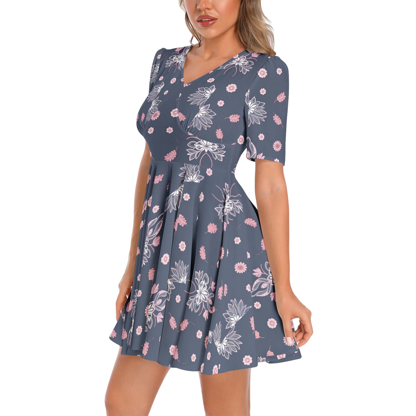 Short Sleeve Ruched Bust Flared Hem Dress