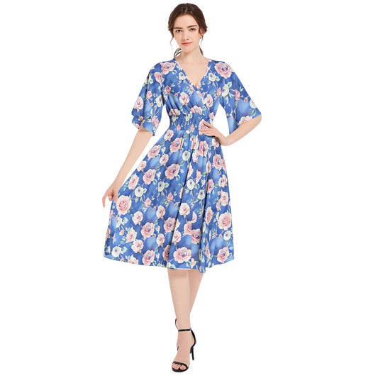 Butterfly Sleeve Shirred High Waist A Line Midi Dress