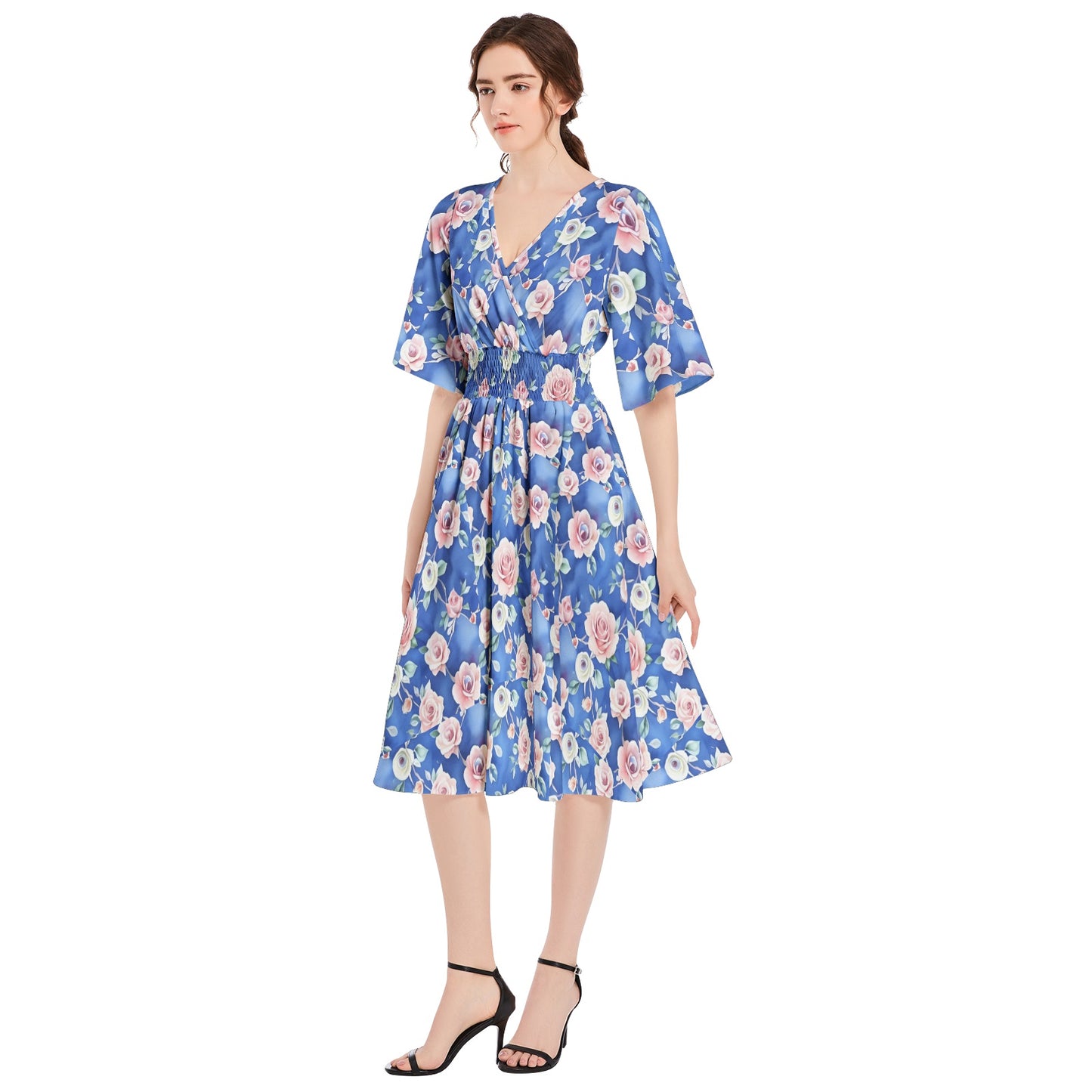 Butterfly Sleeve Shirred High Waist A Line Midi Dress