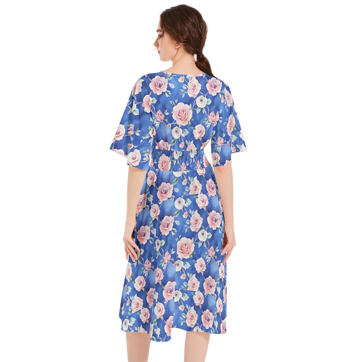 Butterfly Sleeve Shirred High Waist A Line Midi Dress