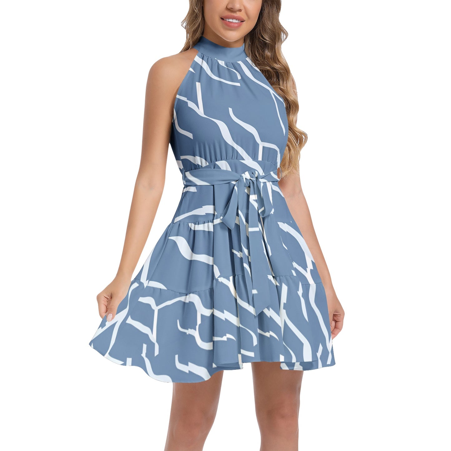 Ruffle Hem Belted Halter Dress