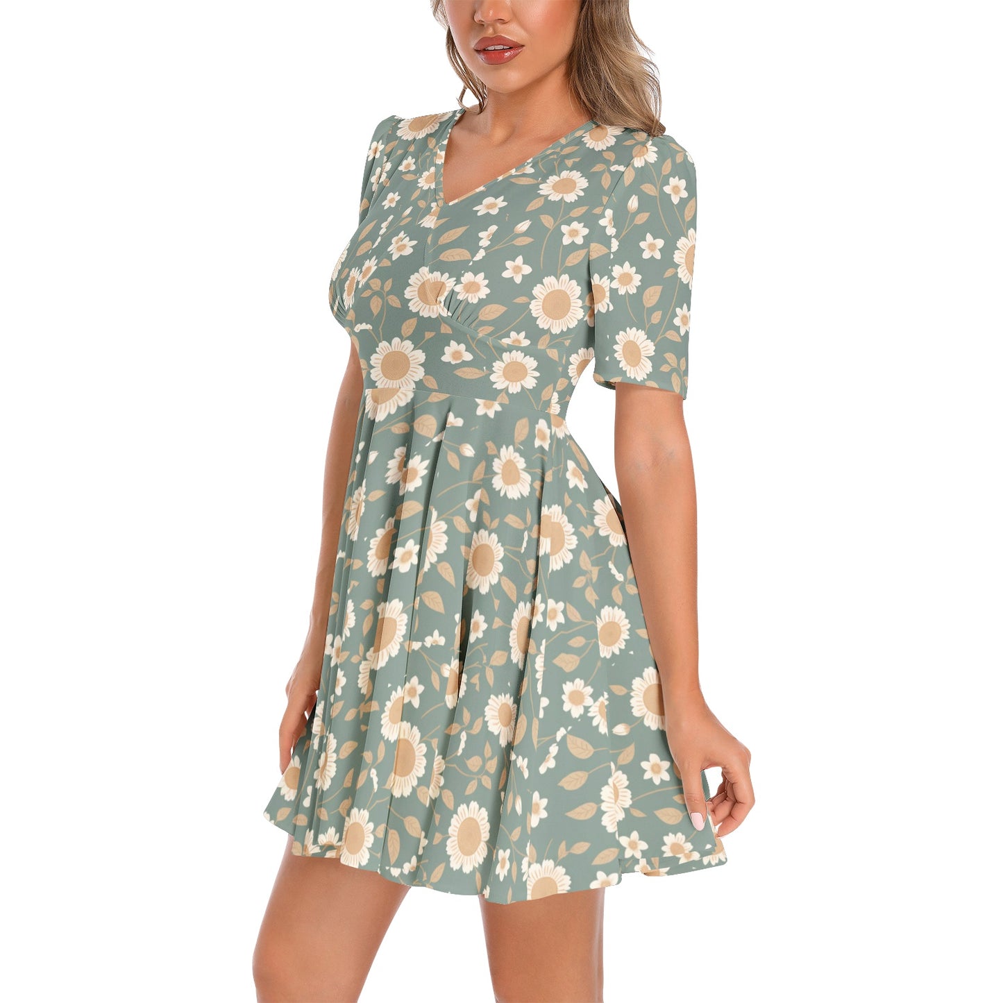 Short Sleeve Ruched Bust Flared Hem Dress