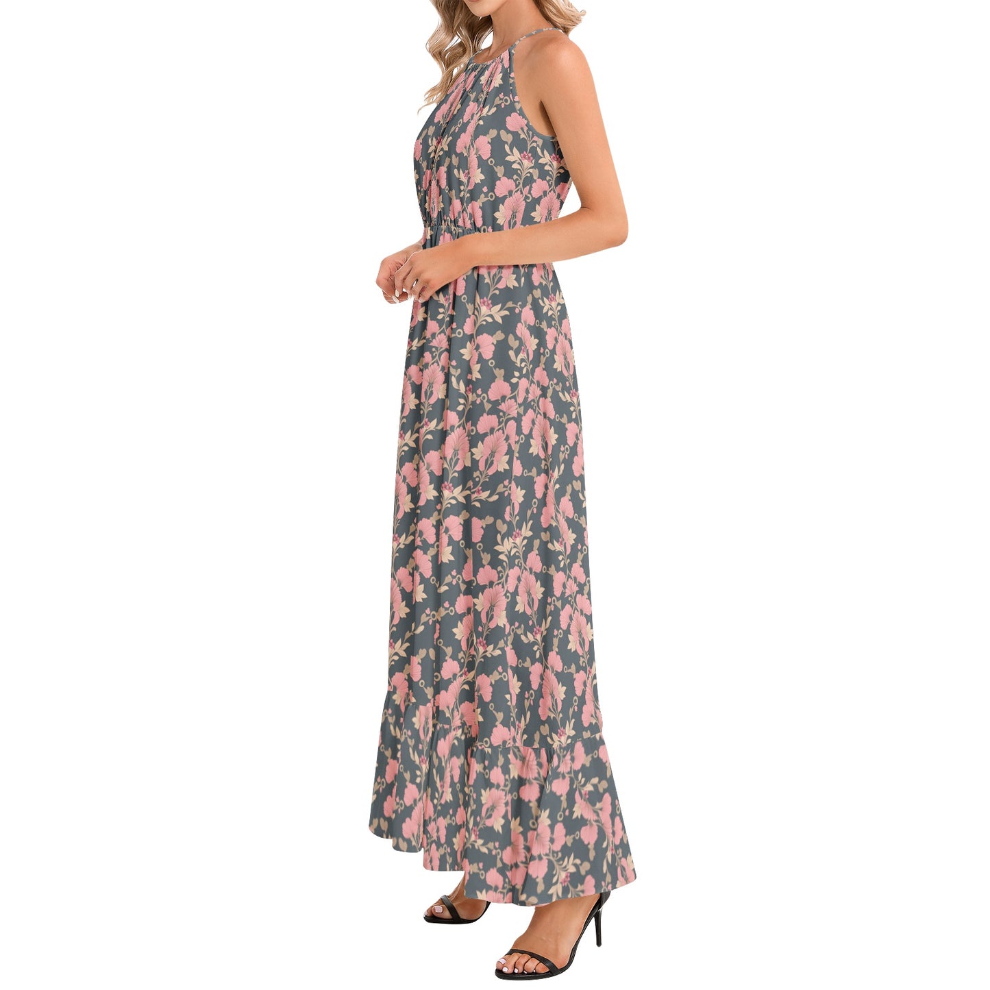 Ruffle Hem Halter Neck Maxi Dress