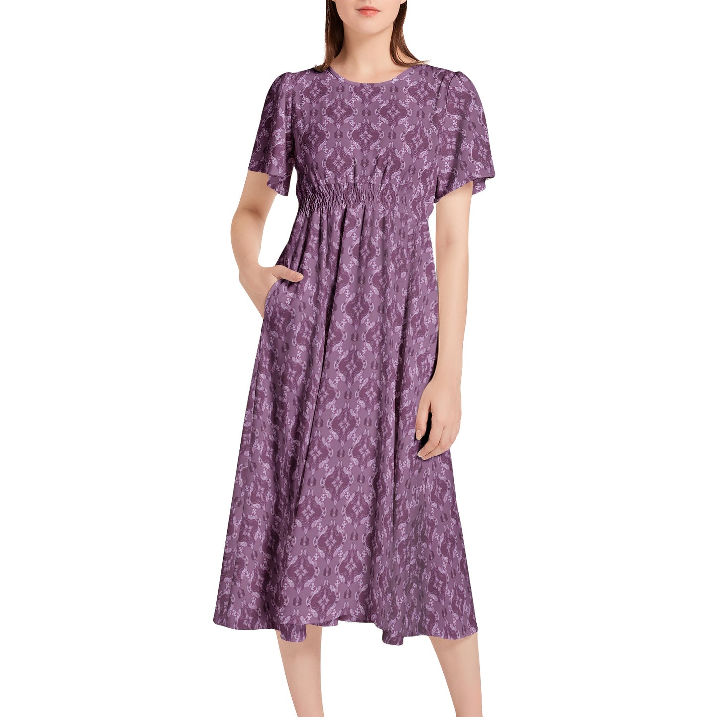 Short Sleeve Shirred Waist Midi Dress