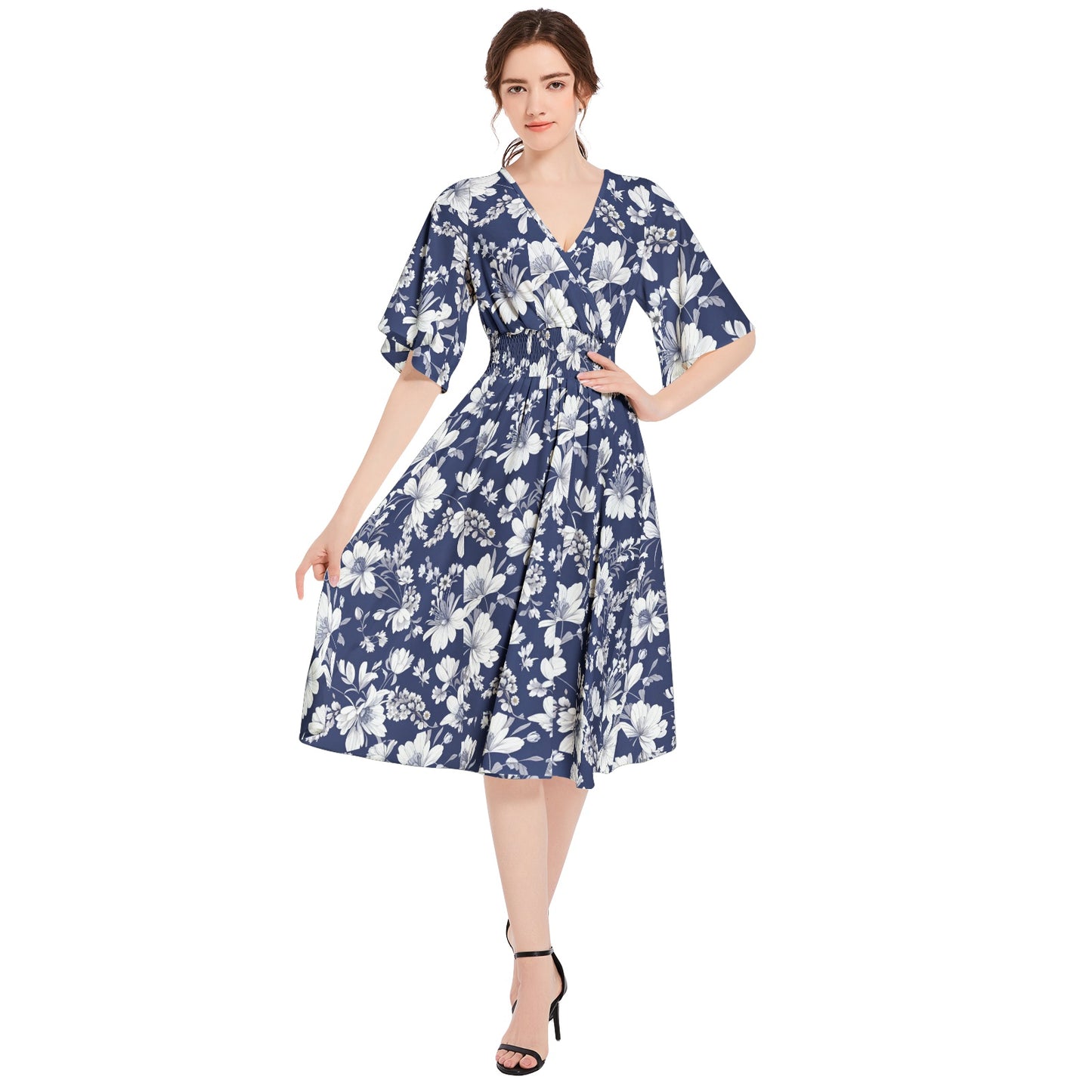 Butterfly Sleeve Shirred High Waist A Line Midi Dress