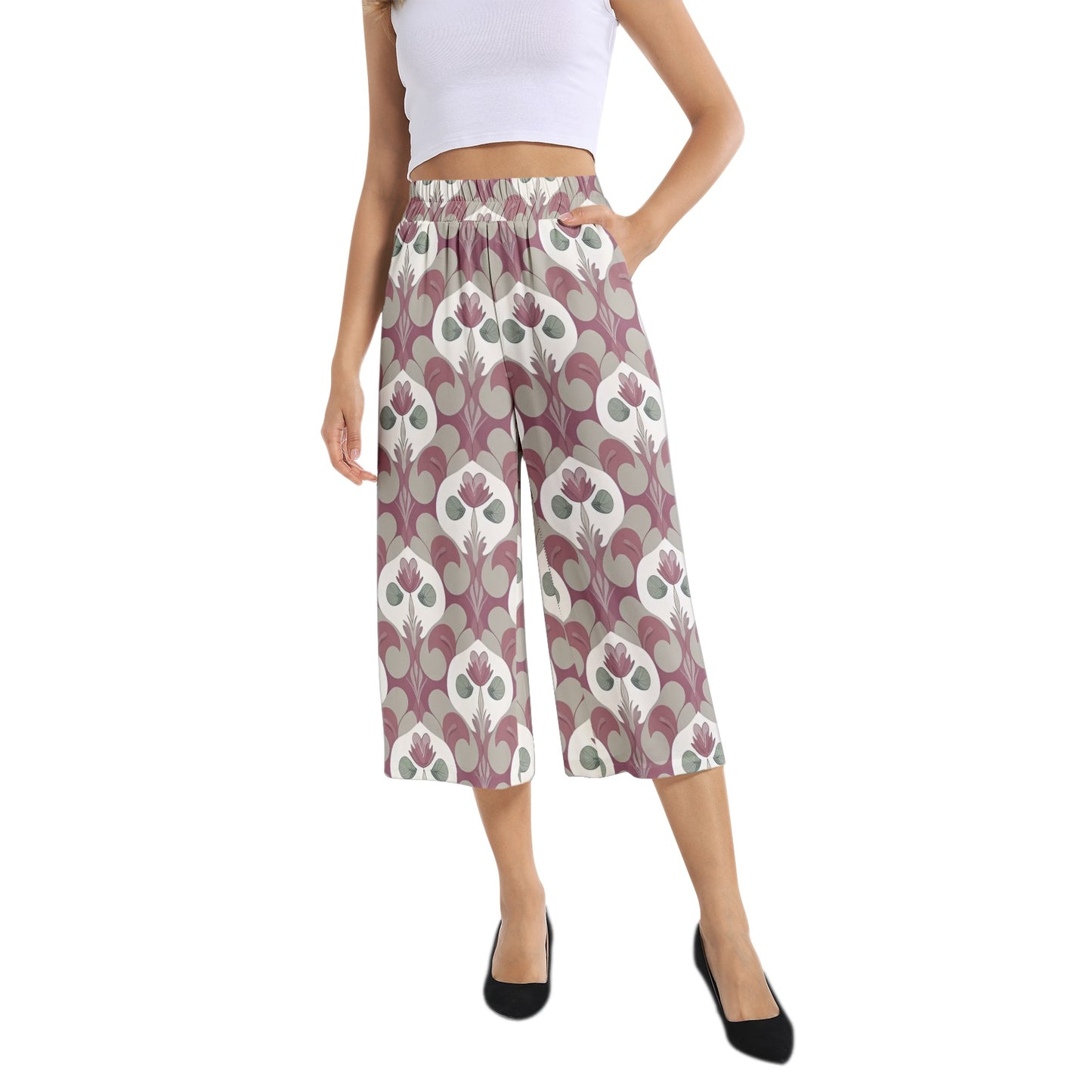 Elastic Waist Capris Wide Leg Pant