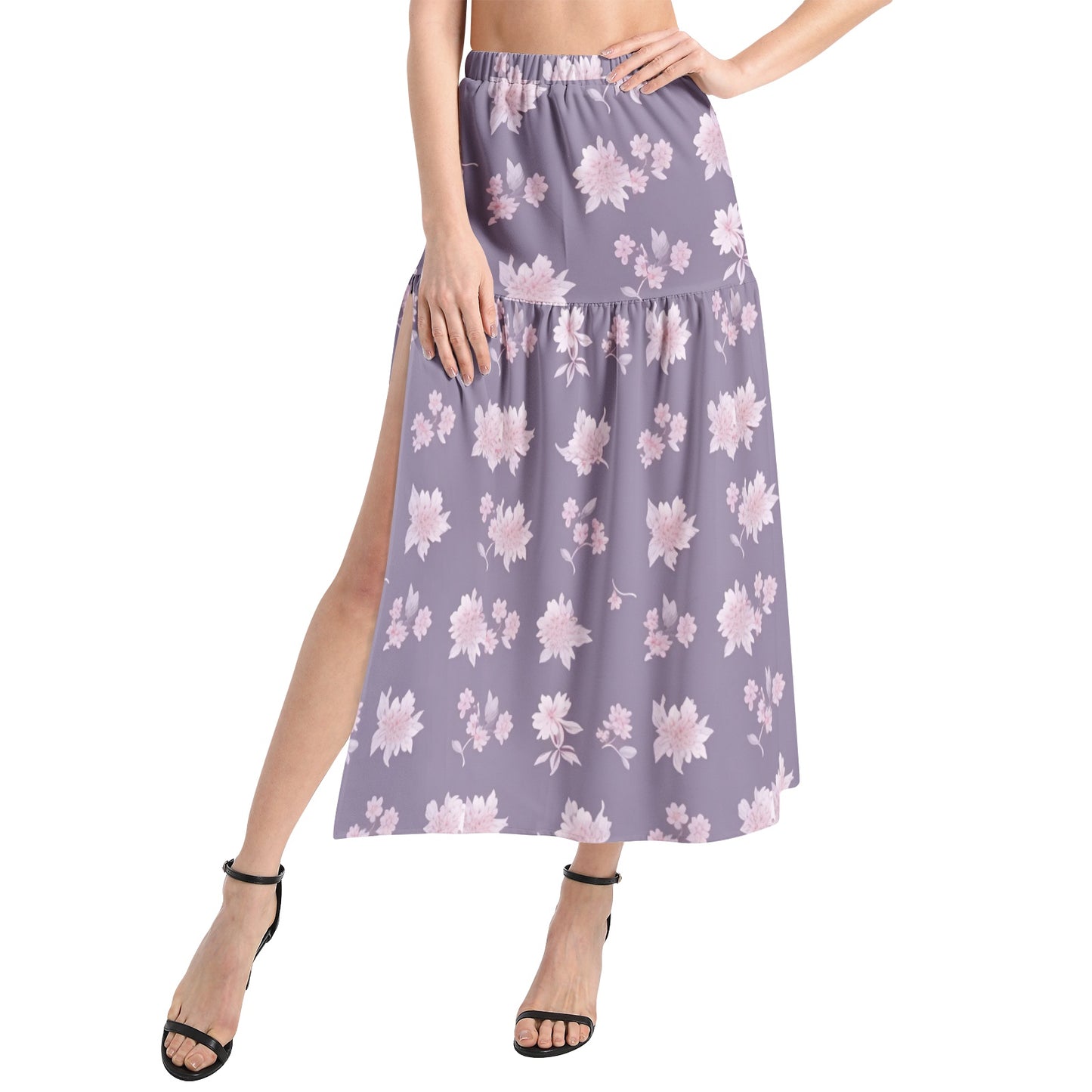 Elastic Waist Ruffle Slit Hem Skirt