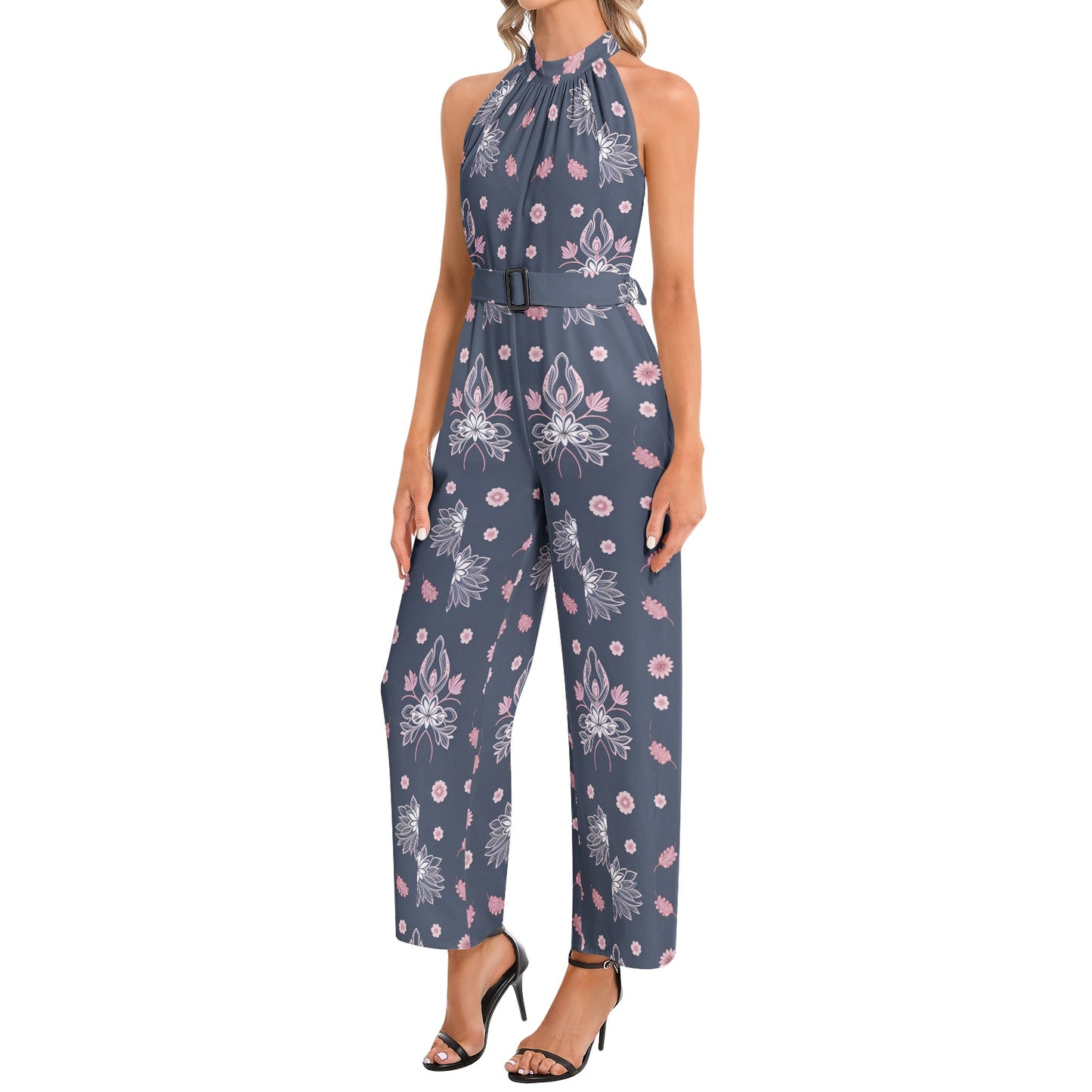 Halter Neck Buckle Belted Jumpsuit