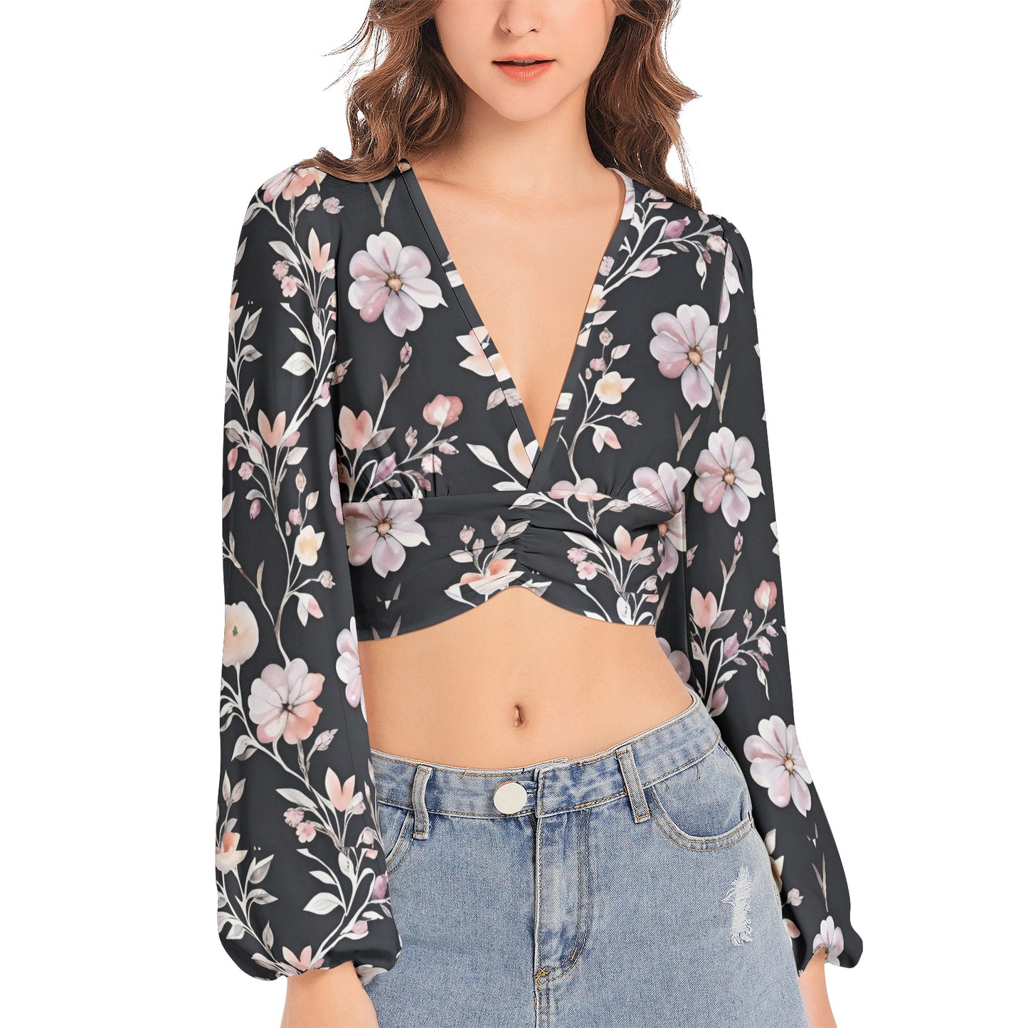 Women's Deep V-Neck Lantern Sleeve Crop Top