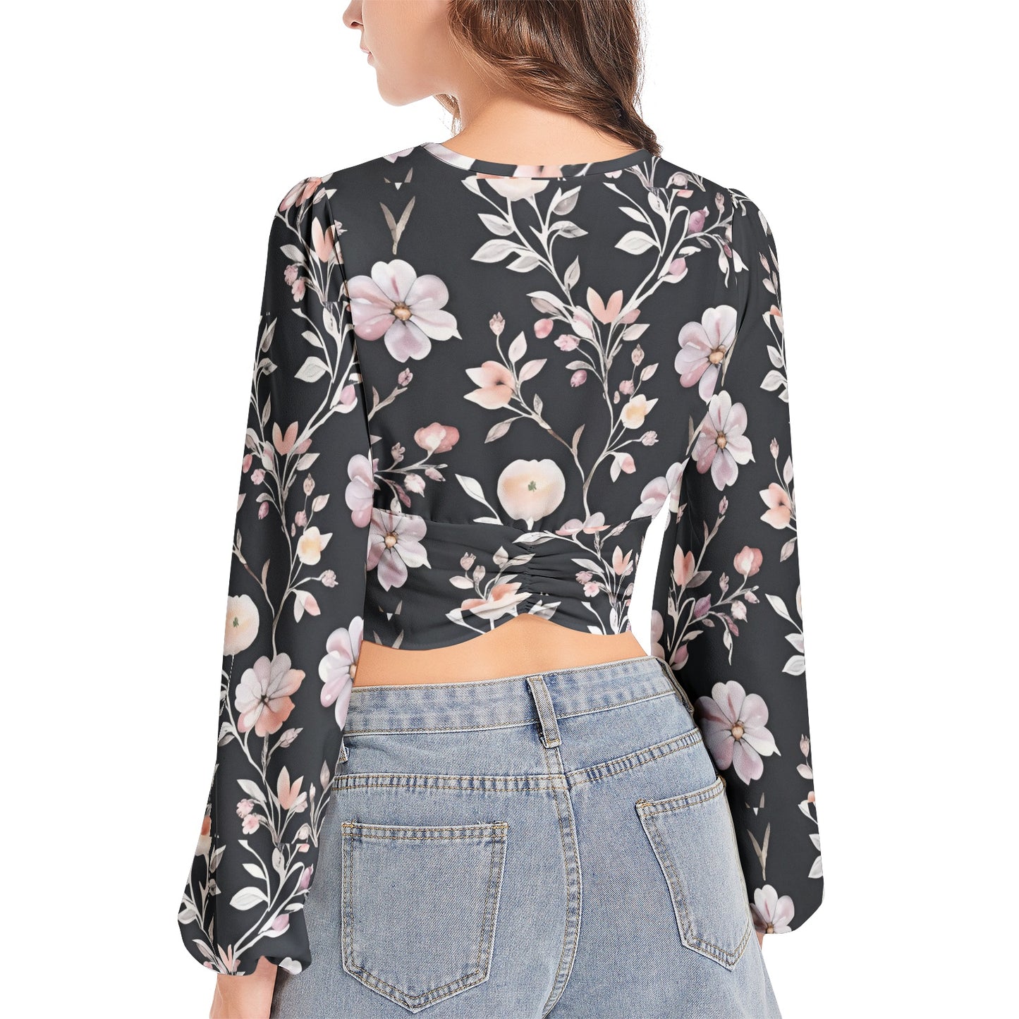 Women's Deep V-Neck Lantern Sleeve Crop Top